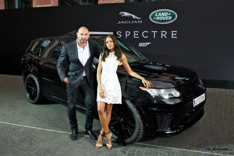 Spectre cast members Naomie Harris and David Bautista are reunited with Jaguar Land Rover stunt vehicles from the film ahead of their international debut in Frankfurt, Germany