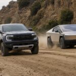 A stock Ford Raptor lines up against the Tesla Cybertruck in the dirt : the gap at the finish is embarrassing