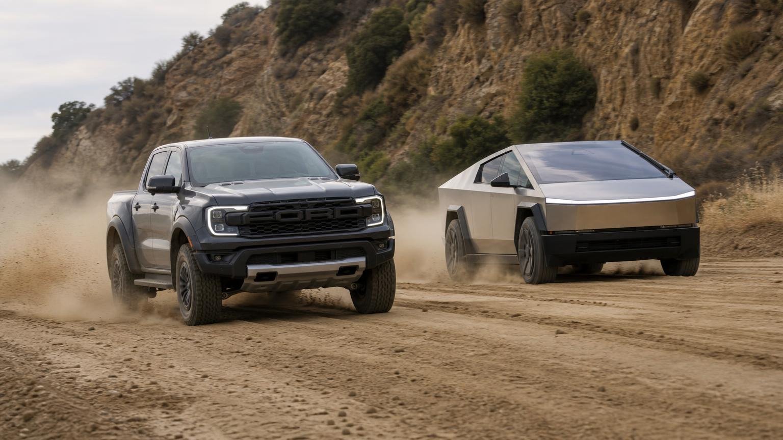 A stock Ford Raptor lines up against the Tesla Cybertruck in the dirt : the gap at the finish is embarrassing